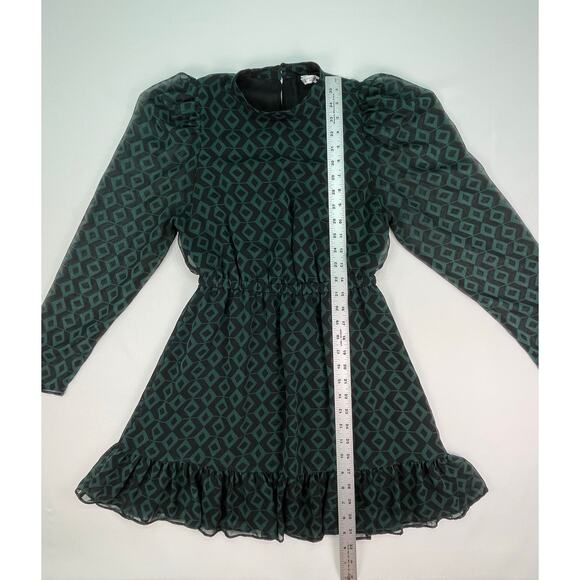 ZARA Long Sleeve Geo Print Mini Dress Green/Black Puff Shoulder Ruffle Hem Sz M - Picture 7 of 9